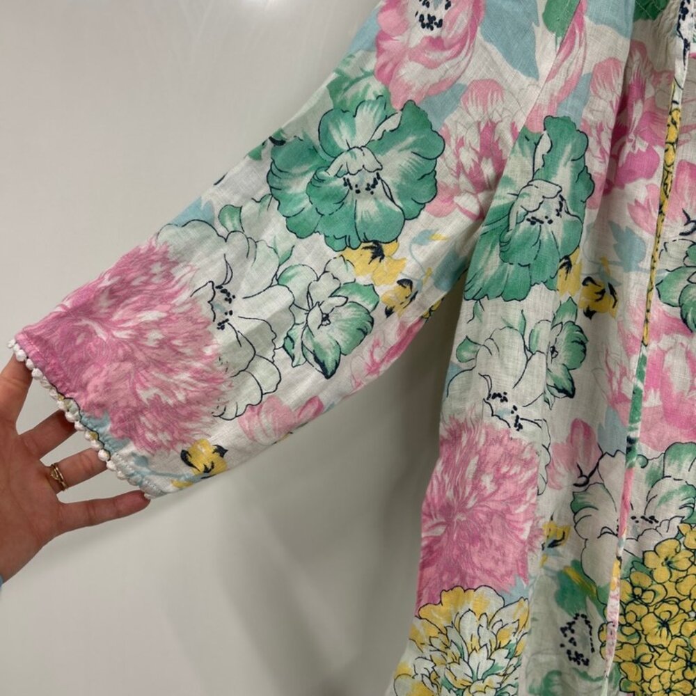 Charter Club 100% Linen Floral Peasant Top Cottagecore Boho Blouse Pastel size L - Picture 3 of 12